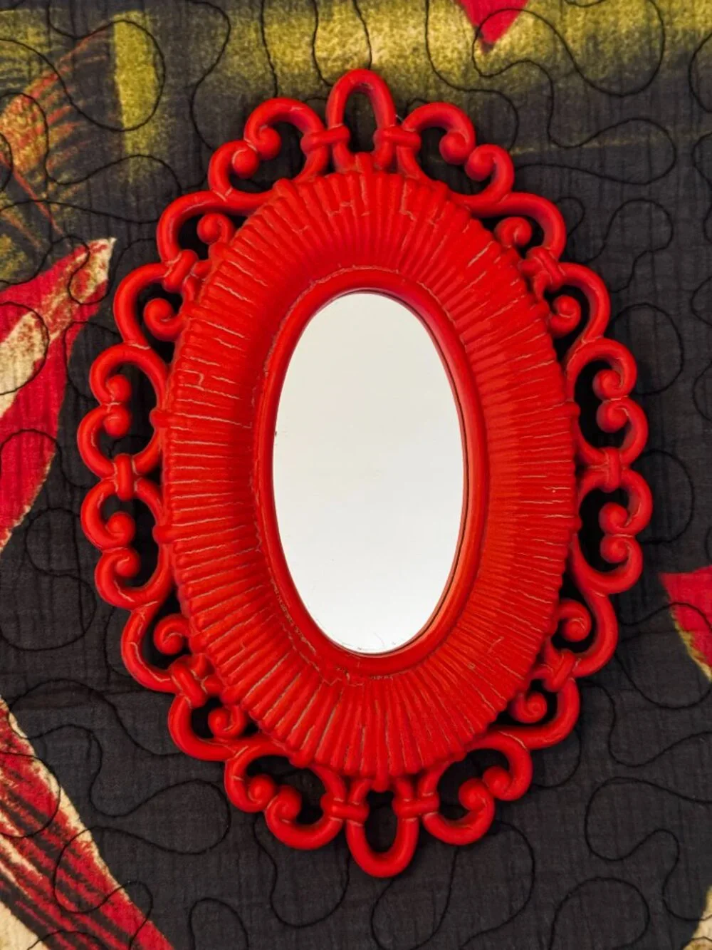 Homco x Syroco Dart Faux Rattan Oval Wall Mirror 2618, Red, Vintage Circa 1970